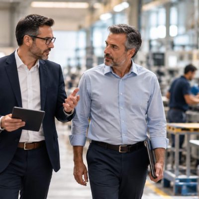 Comprador y asesor evaluando una empresa antes de una adquisición