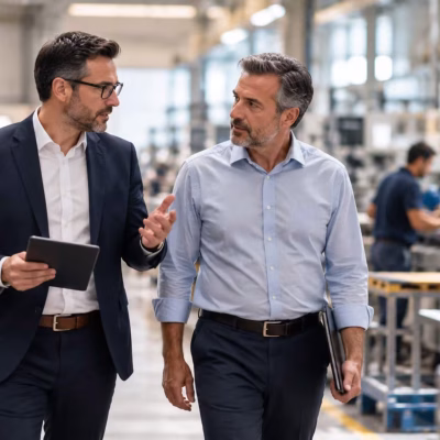 Comprador y asesor evaluando una empresa antes de una adquisición